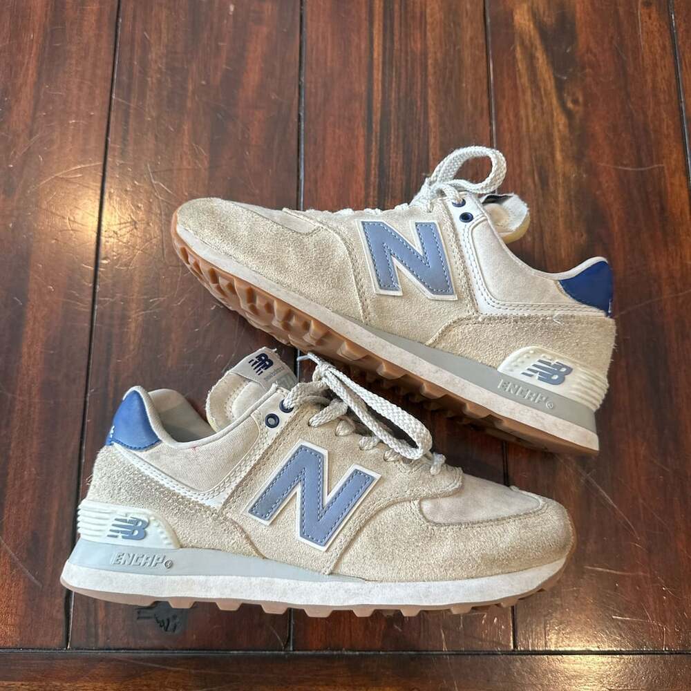 New Balance 574 Cream and Blue Retro Runner Sneakers